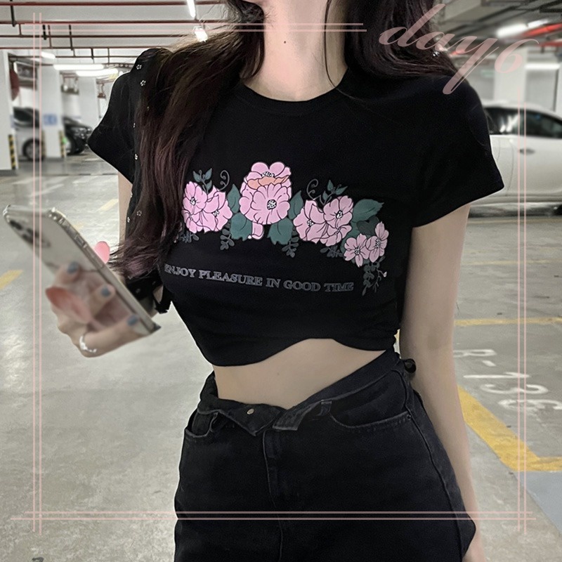 Áo Thun Nữ Ngắn Tay Cổ Tròn In Hoa Phong Cách Hàn Quốc