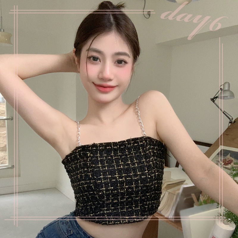 Áo Croptop Hai Dây Vải Lụa Họa Tiết Kẻ Sọc Dáng Ôm Thời Trang Quyến Rũ Cho Nữ