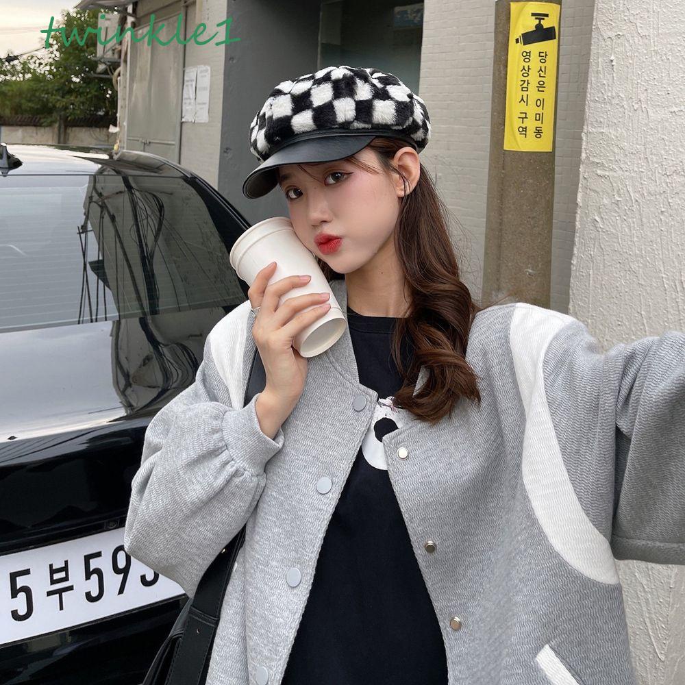 Mũ Beret Vải Lông Họa Tiết Kẻ Ô Vintage Hợp Thời Trang Thu Đông Cho Nữ