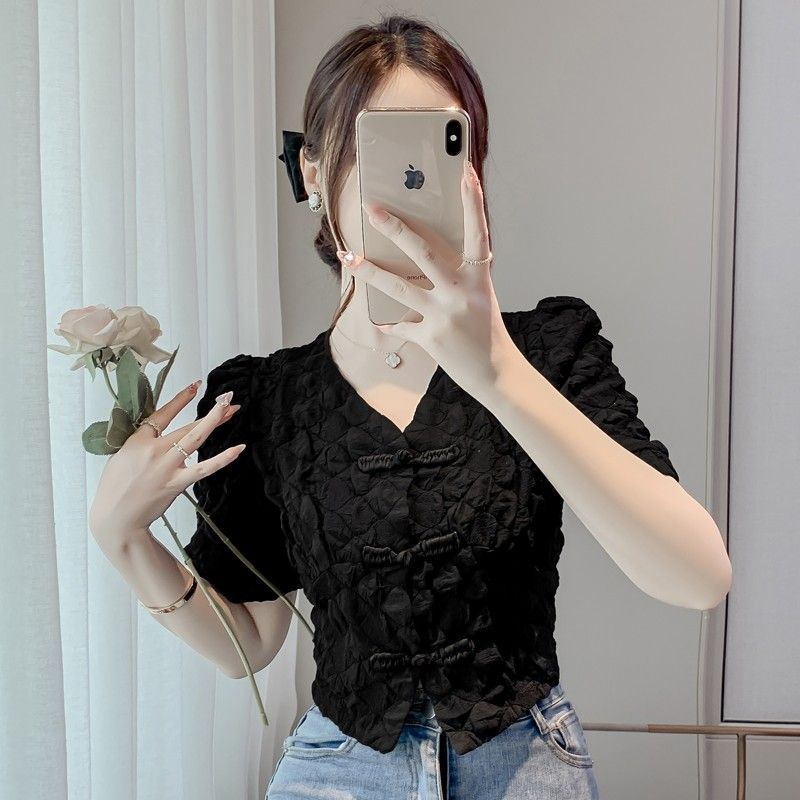 Áo Sơ Mi Tay Ngắn Phồng Màu Sắc Đơn Giản Phong Cách Retro