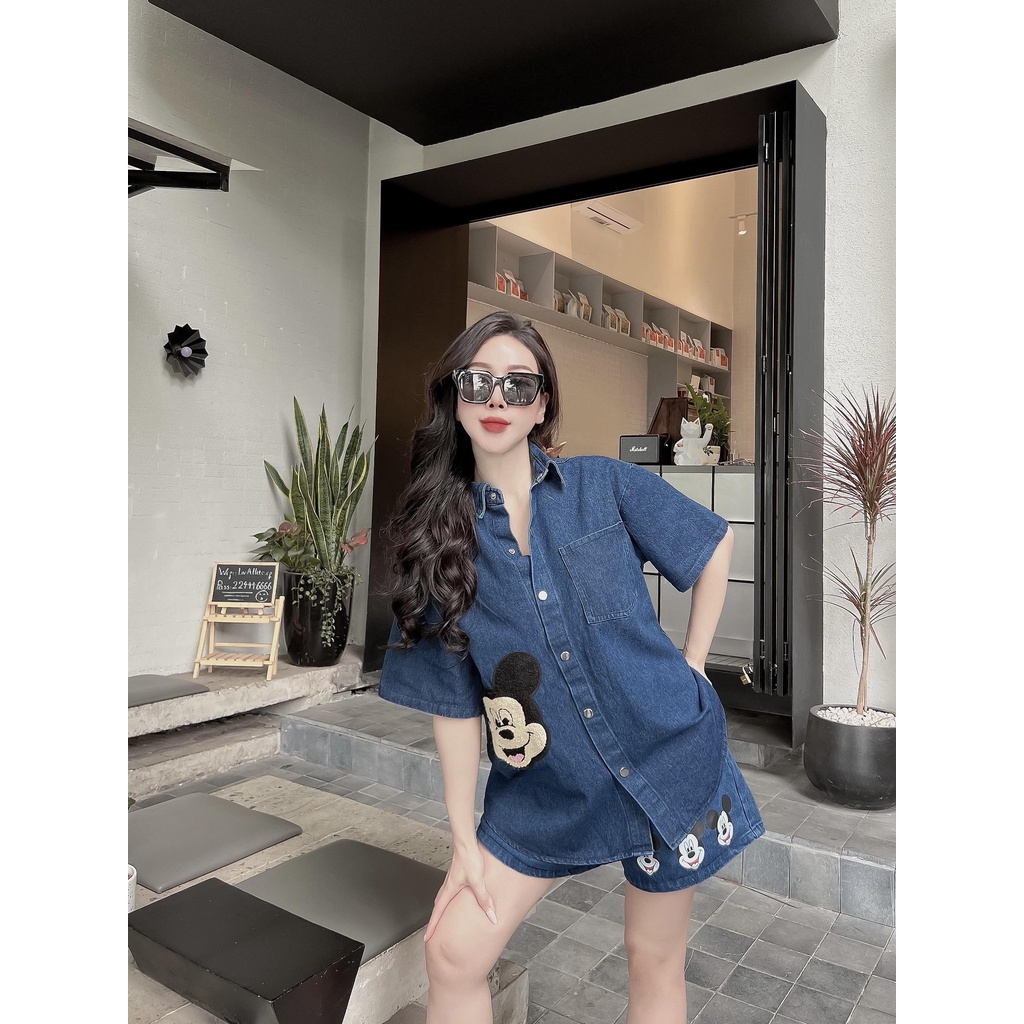 Set jean sơ mi đùi mickey