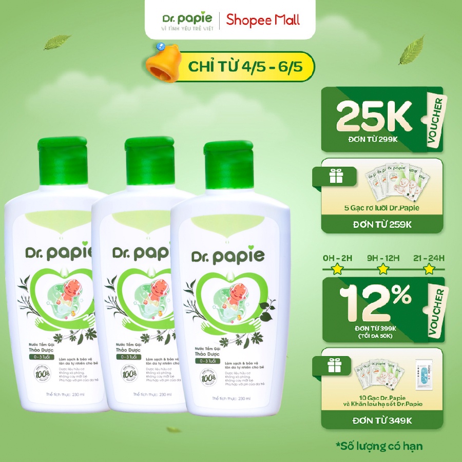 Combo 3 Lọ Nước Tắm Thảo Dược Dr.Papie Cho Bé Giúp Ngăn Ngừa Và Giảm Rôm Sảy, Hăm Tã, Mẩn Ngứa - Chai 230ml