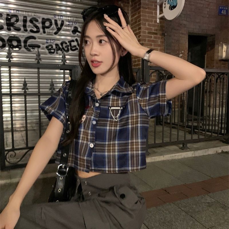 COZOK Áo Sơ Mi Ngắn Tay Dáng Ôm Hoa Văn Kẻ Ô Phong Cách vintage Thời Trang