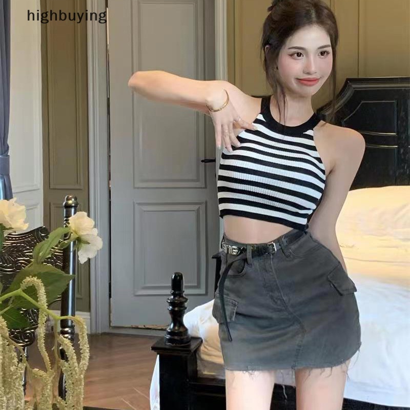 Áo Hai Dây Dệt Kim Họa Tiết Kẻ Sọc Vintage Quyến Rũ Cho Nữ