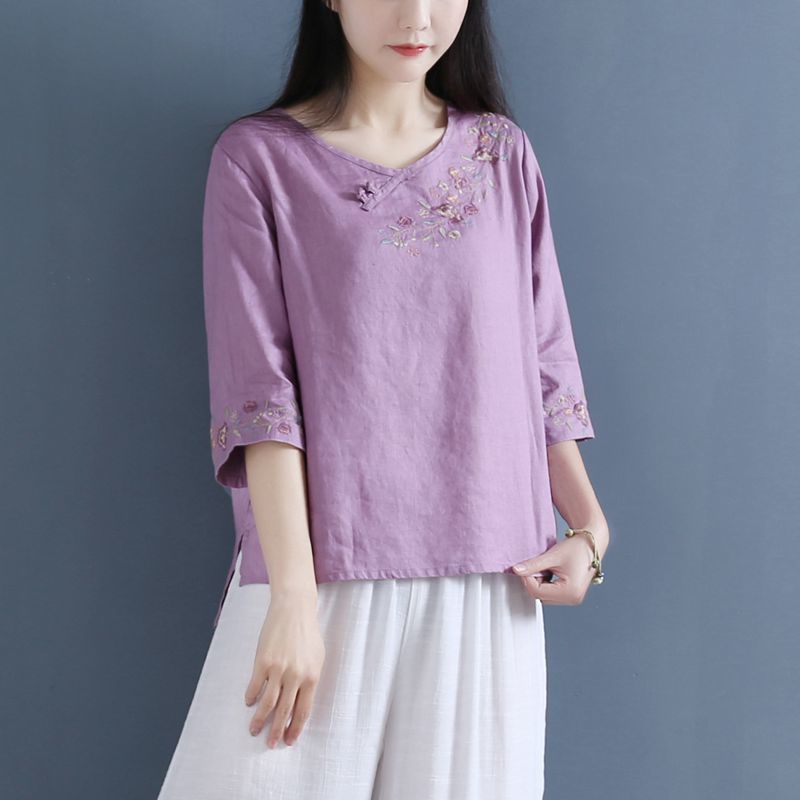 Áo Kiểu Vải Lanh Cotton Dáng Rộng Cài Khóa Thêu Họa Tiết Nghệ Thuật Kiểu Retro Thời Trang Xuân Hè Cho Nữ