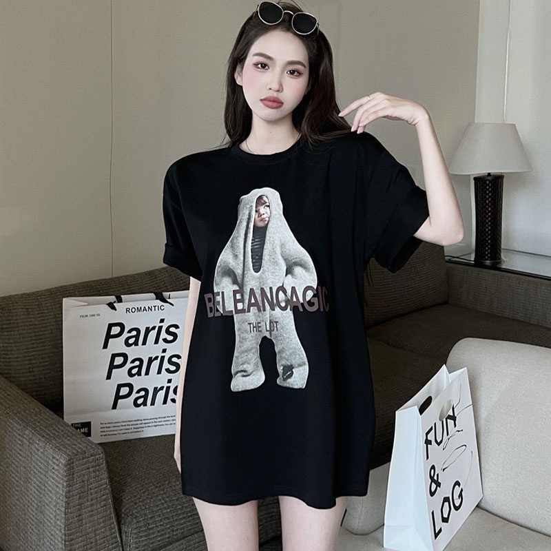 Áo thun XINLANYASHE tay ngắn cổ tròn dáng rộng in hoạt hình phong cách Hàn Quốc xinh xắn cho nữ