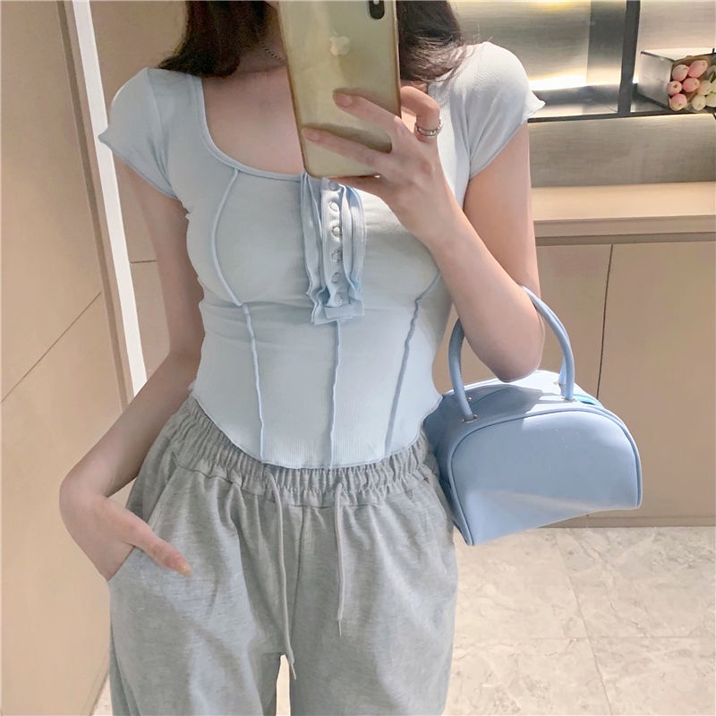 IELGY Áo Thun Nữ Ngắn Tay Lệch Tà Thời Trang