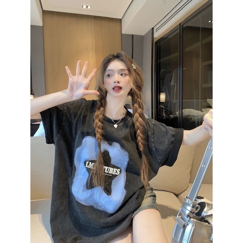 Áo Thun Đen Dáng Rộng In Chữ Và Ngôi Sao Thời Trang Mùa Hè Năng Động