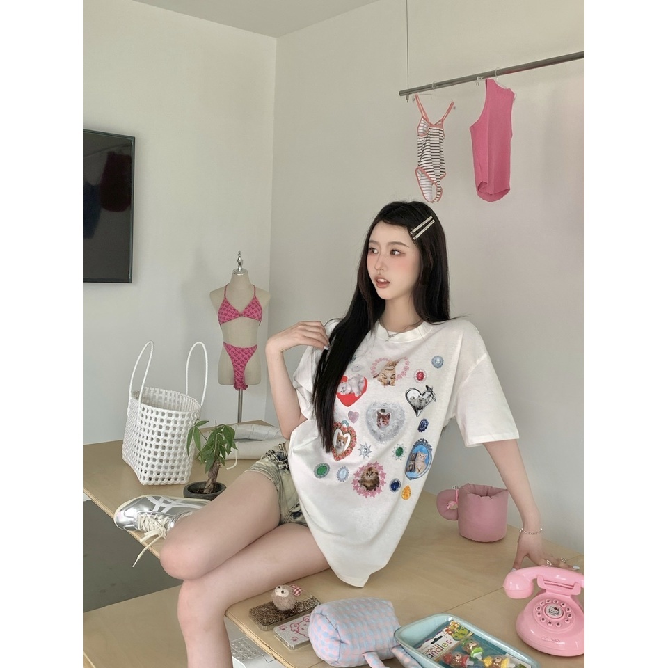 Áo Thun Dáng Rộng In Hình Chó Mèo Dễ Thương Thời Trang Mùa Hè Cho Nữ