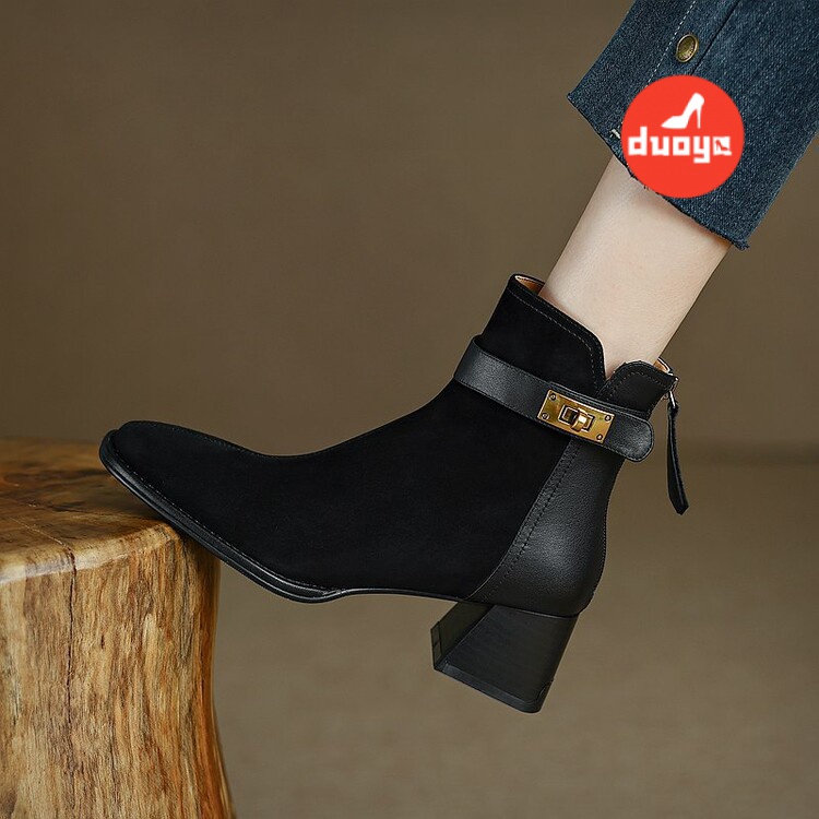 Duoya Tóc Thẳng ~ [Hàng Có Sẵn] Giày Bốt Martin Gót Dày Ngắn Mũi Vuông Cài Khóa Kim Loại Màu Hồng Phong Cách Retro Thu Đông Mới Cho Nữ