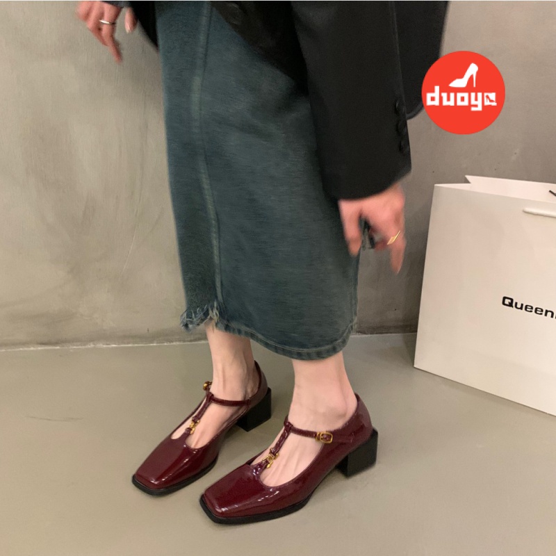 Duoya Thẳng Hàng Từ Nhà Máy ~ [Hàng Có Sẵn] Giày Cao Gót Mary Jane Mũi Vuông Gót Dày Màu Đỏ Miễn Phí Vận Chuyển