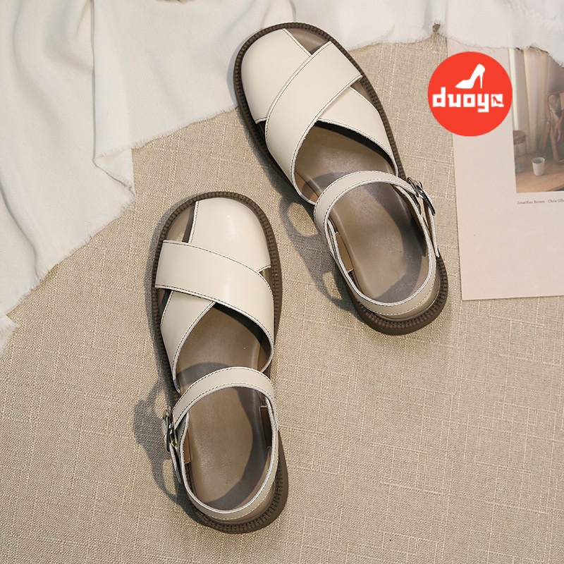 Duoya Tóc Thẳng ~ [Hàng Có Sẵn] Giày Sandal Da Mềm Mại Thời Trang Mùa Hè Dễ Phối Đồ Cho Nữ