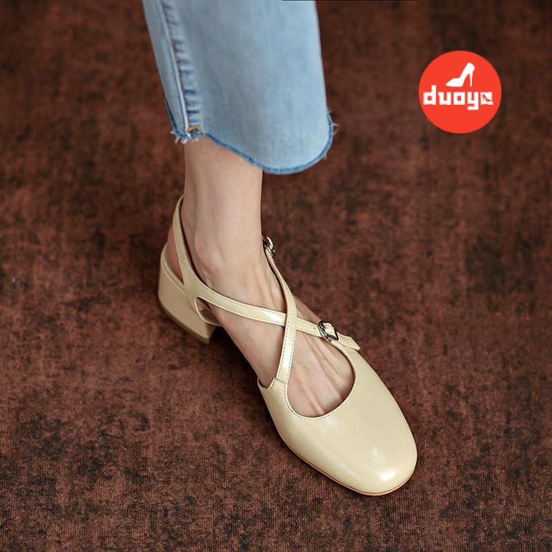 Duoya Tóc Thẳng ~ [Hàng Có Sẵn] Giày Sandal Bít Mũi Gót Vừa Quai Chéo Mary Jane Màu Bạc Mùa Hè Cho Nữ Miễn Phí Vận Chuyển