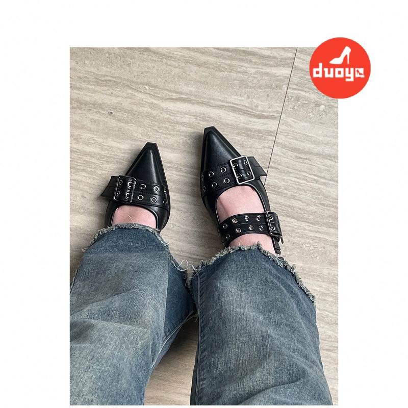 Duoya Tóc Thẳng ~ [Hàng Có Sẵn] Giày Búp Bê Mũi Nhọn Gót Thấp Miệng Nông Cảm Giác Ánh Kim Phong Cách Punk Đường Phố Cho Nữ