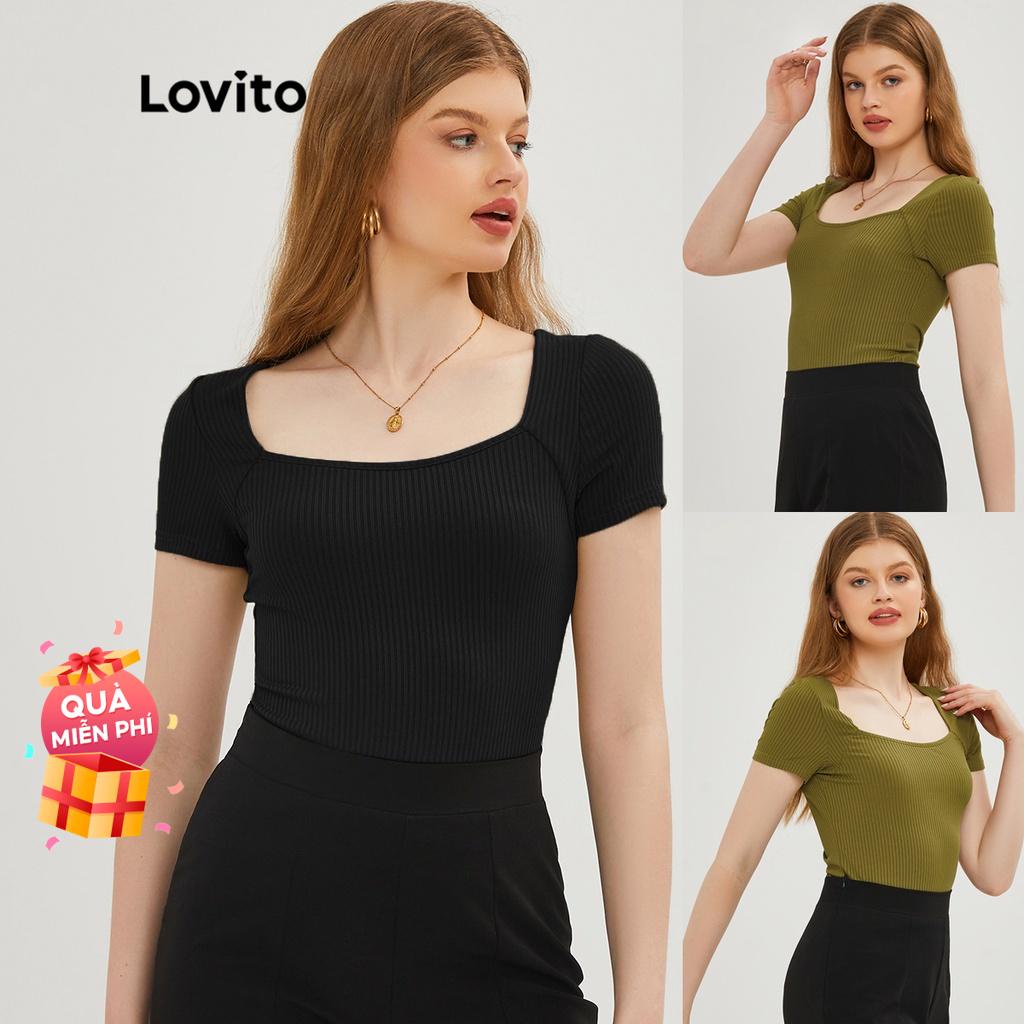 Lovito Áo Thun Đan Len Cổ Vuông Màu Xanh Lá Vintage L20D243