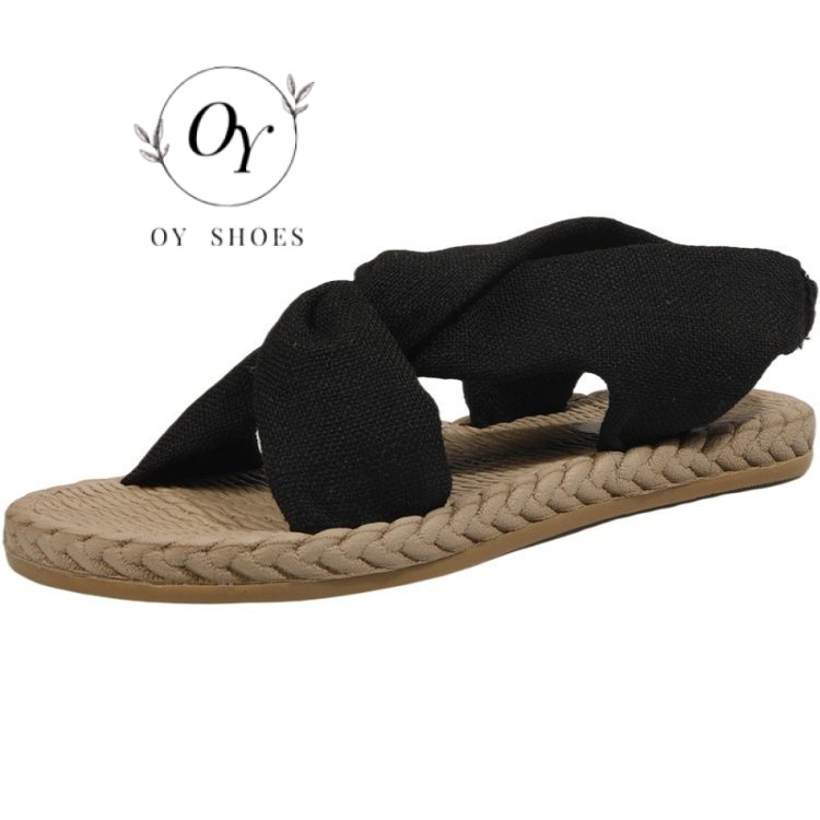 Giày Sandal Rơm Đan Dây Chéo Đế Phẳng Phong Cách Mới Mùa Hè 2023 Cho Nữ