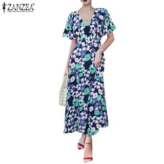 Đầm ZANZEA ngắn tay cổ chữ V in hoa thời trang cho nữ