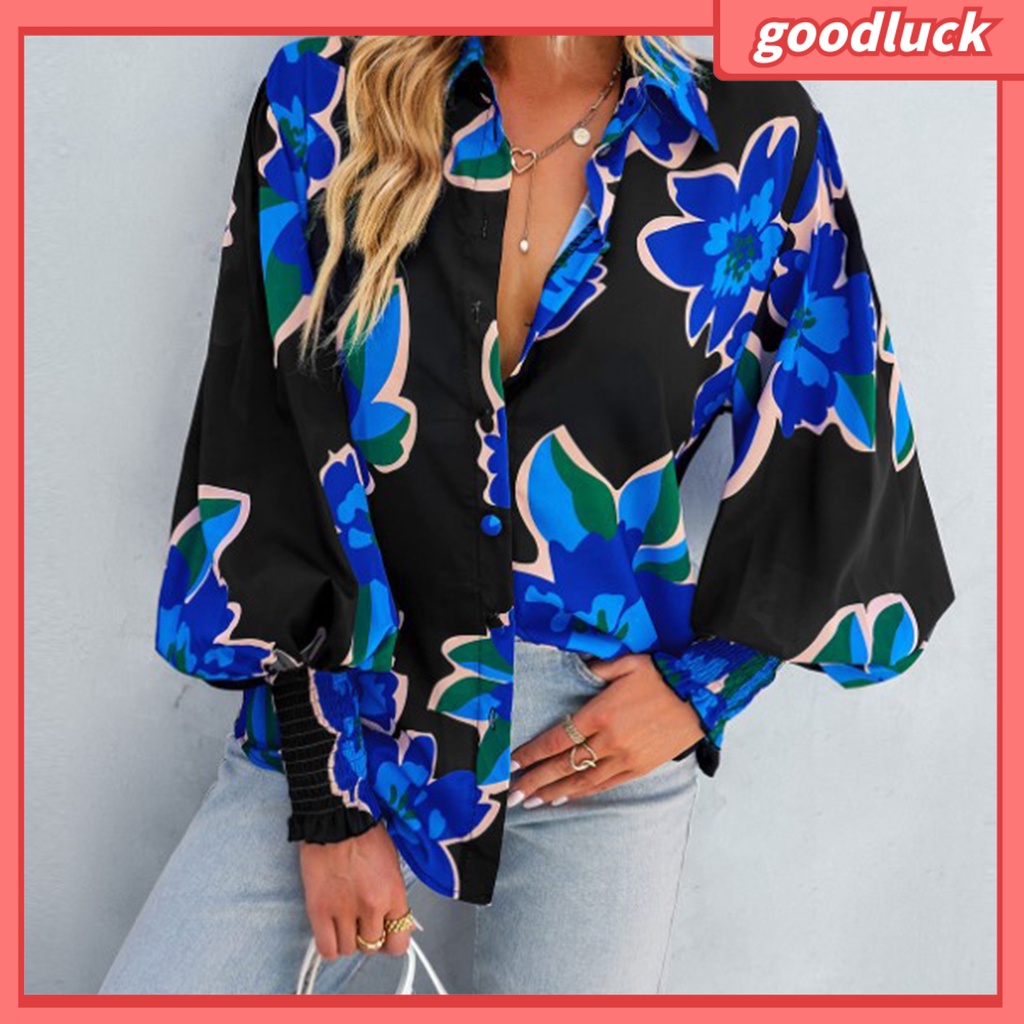 Áo Sơ Mi Tay Dài Phồng Xếp Ly Cài Một Hàng Khuy Co Giãn In Họa Tiết Hoa Thời Trang Công Sở