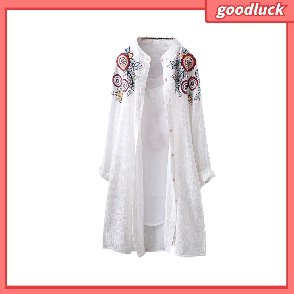 [ULK] Áo Sơ Mi Dài Tay Cổ Đứng Xẻ Một Bên Hông Thêu Họa Tiết Phong Cách Trung Hoa Đường Phố Cho Nữ