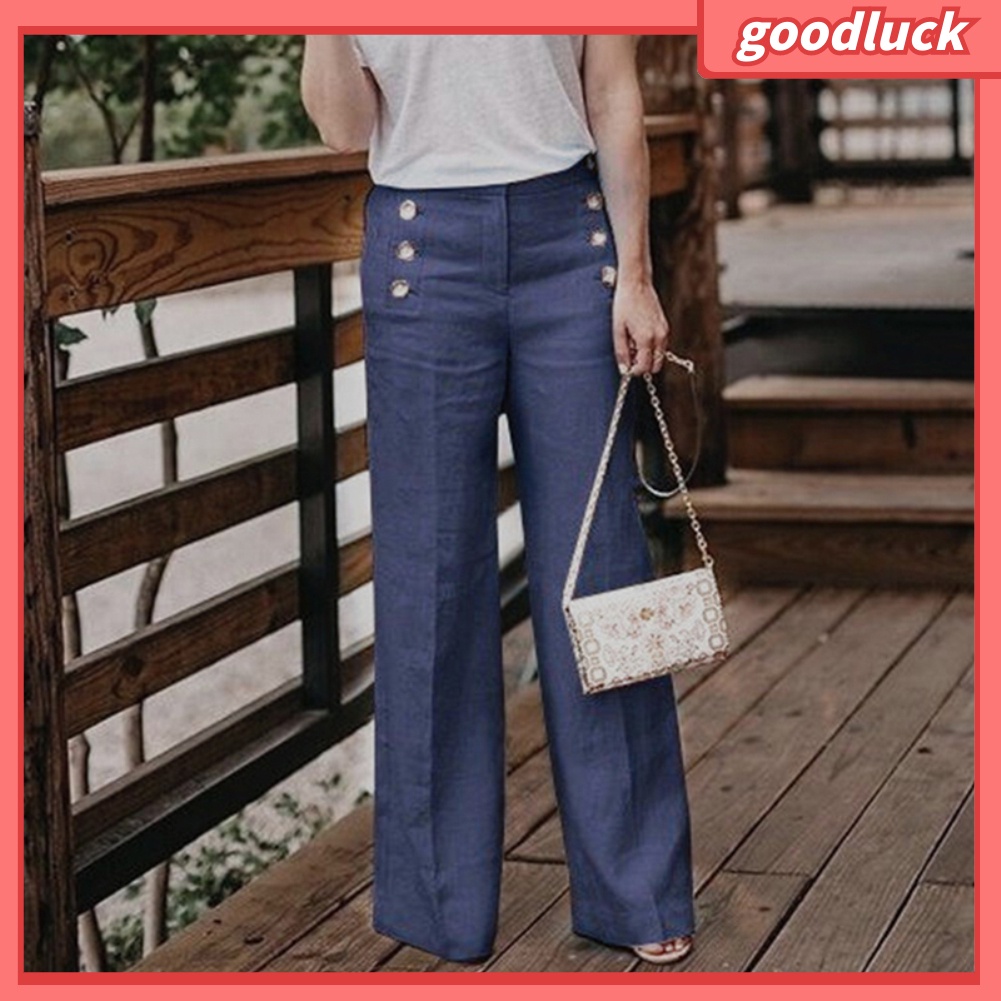 Quần Dài Vải Lanh Cotton Ống Rộng Cài Nút Màu Trơn Lưng Cao Thời Trang Cho Nữ