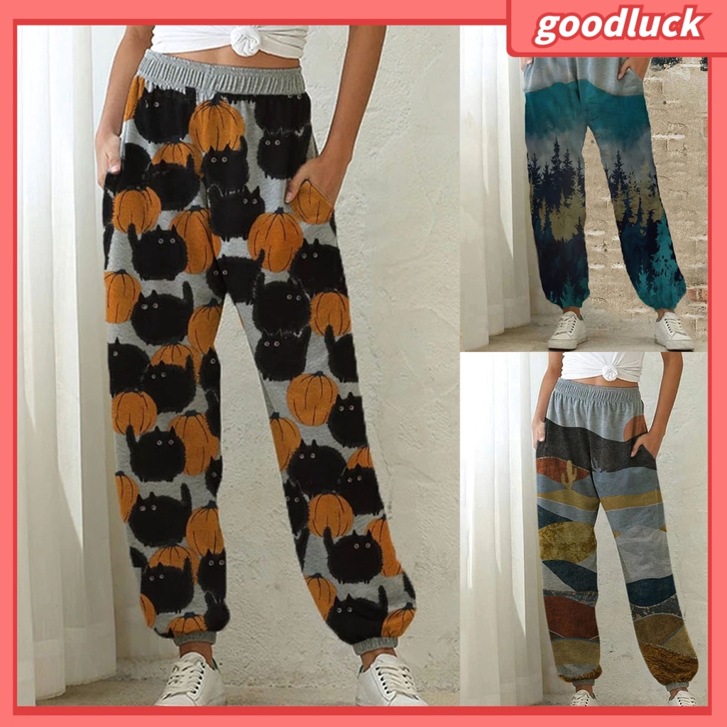 Quần Thể Thao Lưng Cao Dáng Rộng Có Túi In Hình Phong Cảnh Dành Cho Nữ