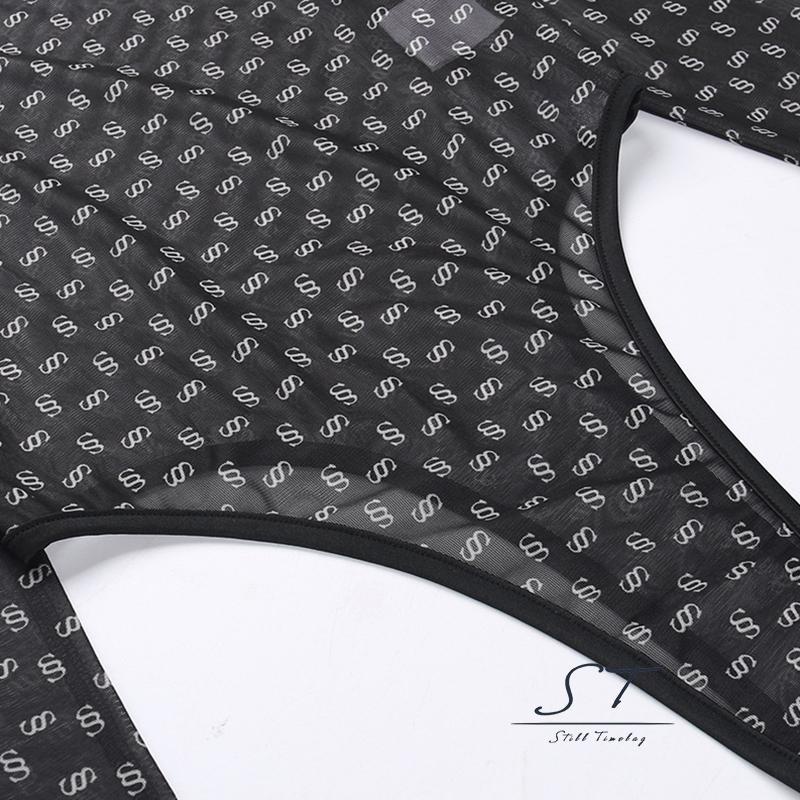 Bộ Áo Liền Quần Tay Dài Cổ Tròn In Họa Tiết Nhìn Xuyên Thấu Thời Trang Đường Phố CY03