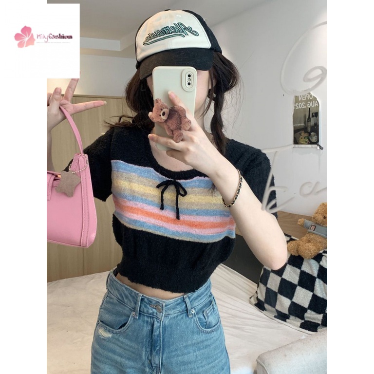 Áo Sweater Dệt Kim Kẻ Sọc Cầu Vồng Phối Nơ Phong Cách Thời Trang Mới 2023