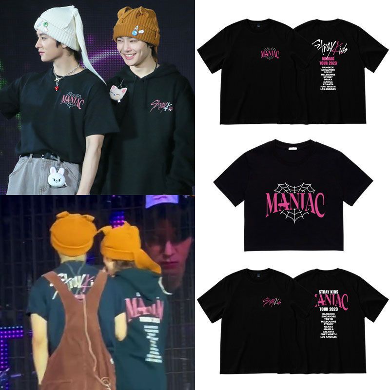 Áo Thun Cotton Tay Ngắn In Chữ KPOP Stray Kids 2nd World Tour Concert 2023 MANIAC Thời Trang Cho Cặp Đôi