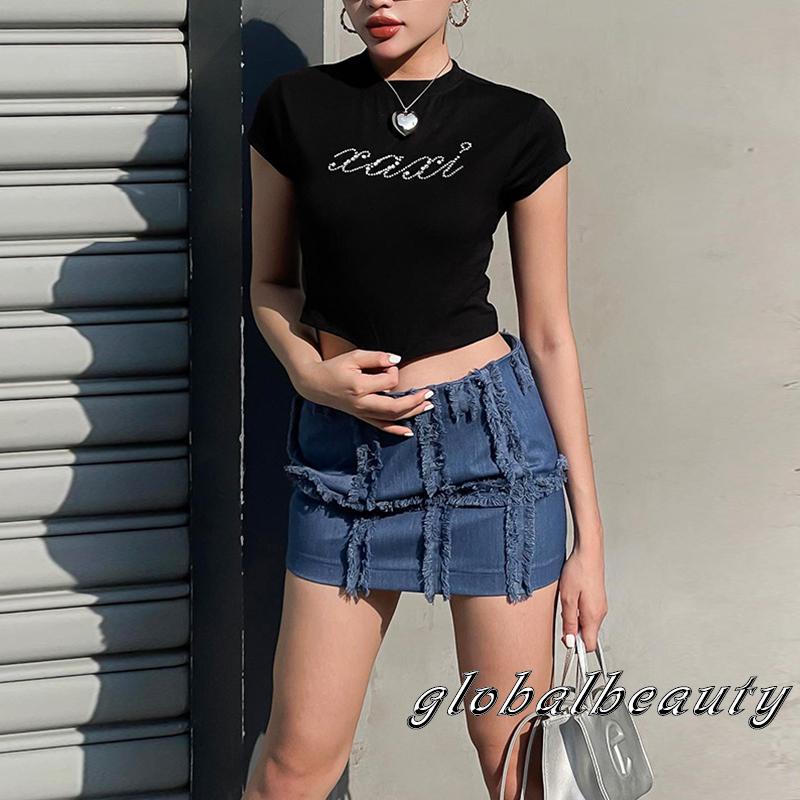 Áo Croptop Tay Ngắn Cổ Tròn Đính Đá Phong Cách Thời Trang Đường Phố Cho Nữ