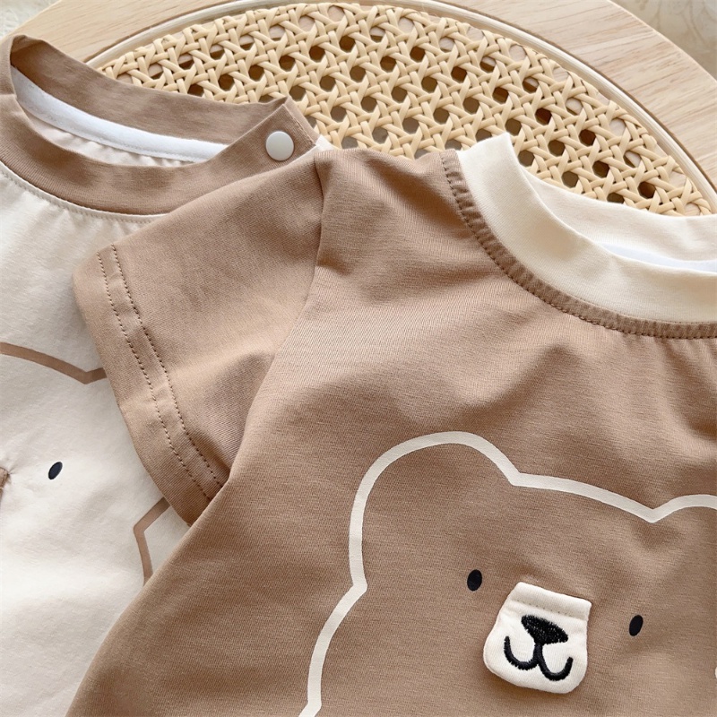 Bộ Áo Liền Quần Bằng Cotton Tay Ngắn In Hình Gấu Hoạt Hình Thời Trang Mùa Hè Hàn Quốc Cho Bé Sơ Sinh 0-2