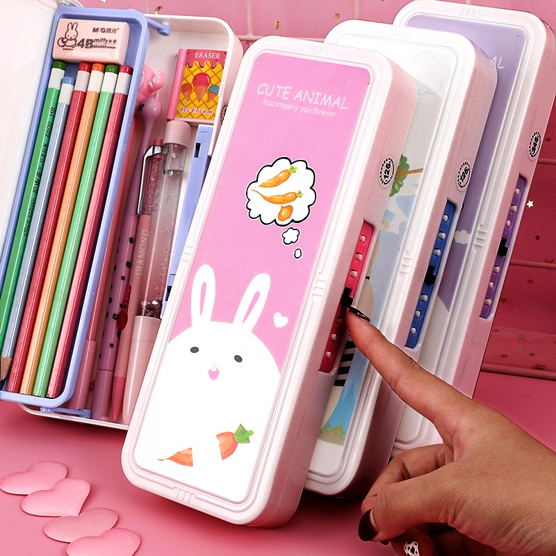 Hộp Đựng Bút Bằng Nhựa Hai Lớp Đa Năng Có Khóa Mật Khẩu Họa Tiết Hoạt Hình Sáng Tạo Cho Bé