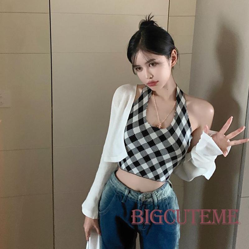 Áo Lửng Không Tay Họa Tiết Caro Thời Trang Quyến Rũ Cho Nữ