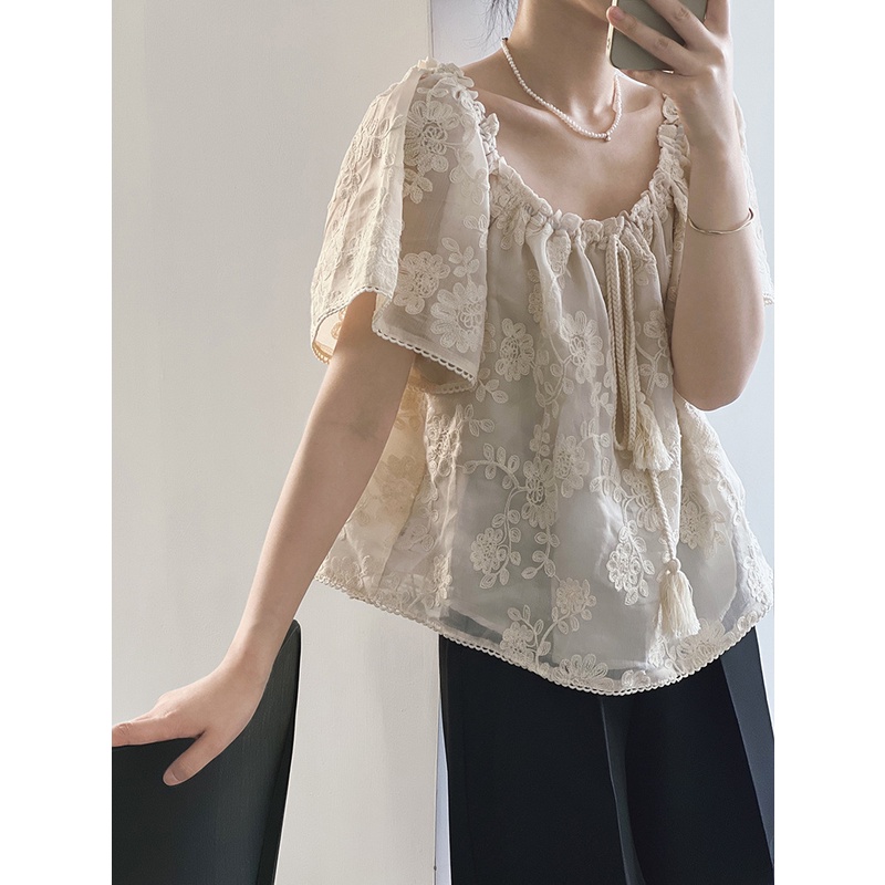 Áo Kiểu Phối Ren Dây Rút Phong Cách Pháp Thời Trang Mùa Hè 2023 80792