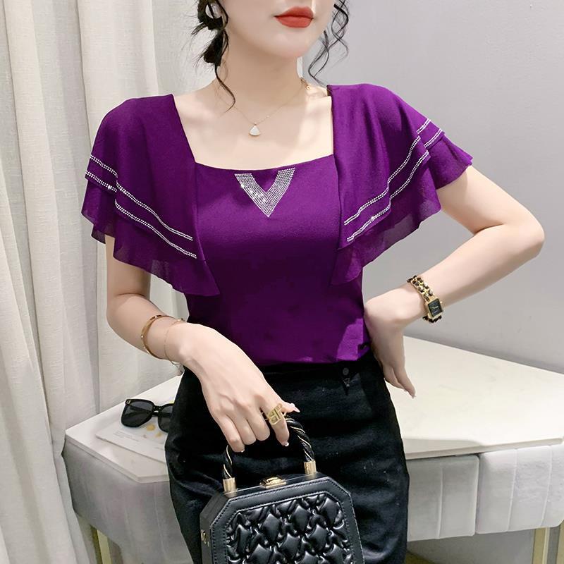 Áo Thun Ngắn Tay Cổ Vuông Đính Đá Thời Trang Mùa Hè Phong Cách Mới Cho Nữ áo lưới dài tay áo kiểu trễ vai