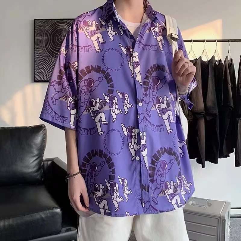 Áo Sơ Mi Tay Lửng Dáng Rộng In Họa Tiết Phong Cách Hong Kong Thời Trang Mùa Hè Hàng Mới Dành Cho Bạn Nam