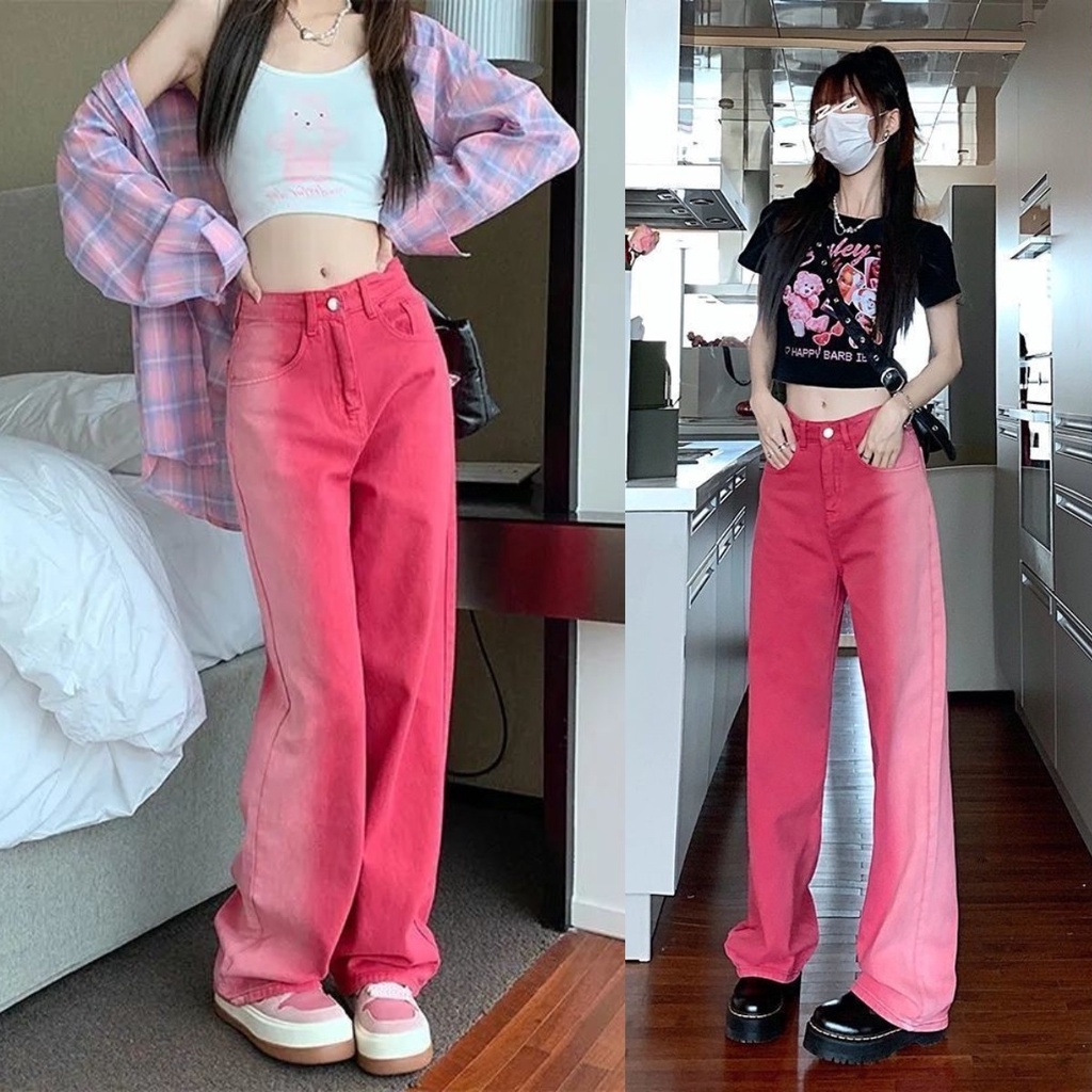 Quần Jean Nữ Ống Rộng Lưng Cao Màu Hồng Gradient Phong Cách Retro Mới