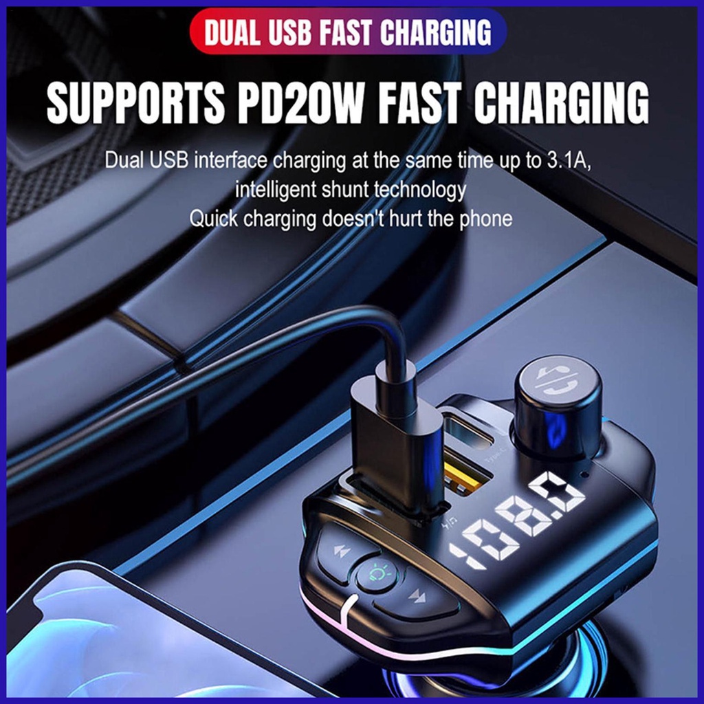 Tẩu Sạc Hai Cổng USB Type C 5.0 Kiêm Máy Nghe Nhạc MP3 Có Đèn Nhiều Màu Cho Xe Hơi