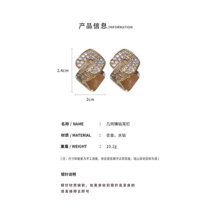 Bông Tai Mạ Bạc 925 Hình Học Đính Kim Sa Lấp Lánh Phong Cách Hàn Quốc Dễ Phối Đồ