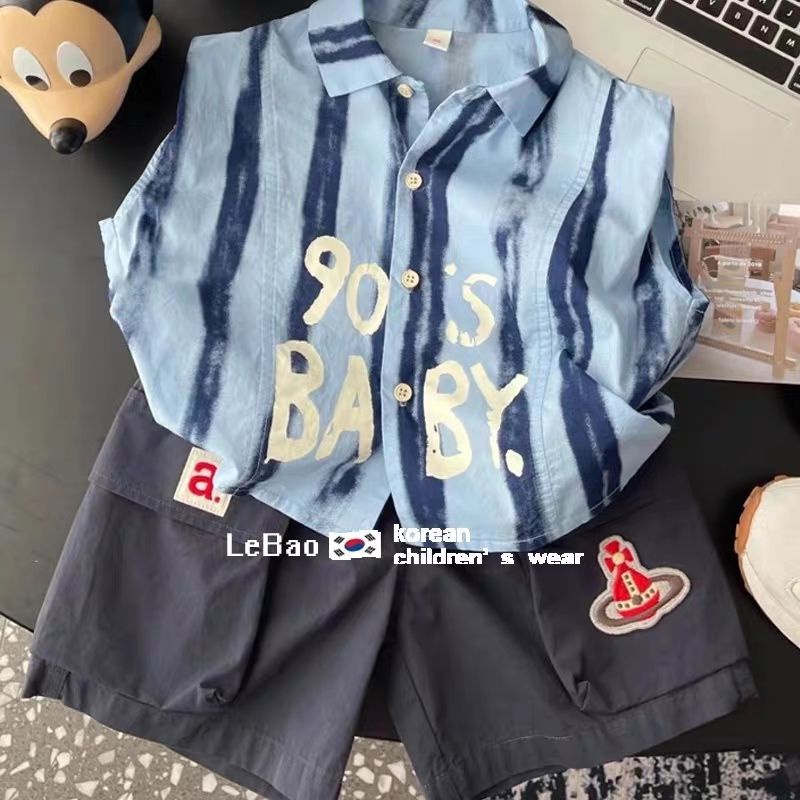 Set Áo Sơ Mi Kẻ Sọc + Quần Short Yếm Năng Động Thời Trang Hè Phong Cách Hàn Quốc Cho Bé Trai