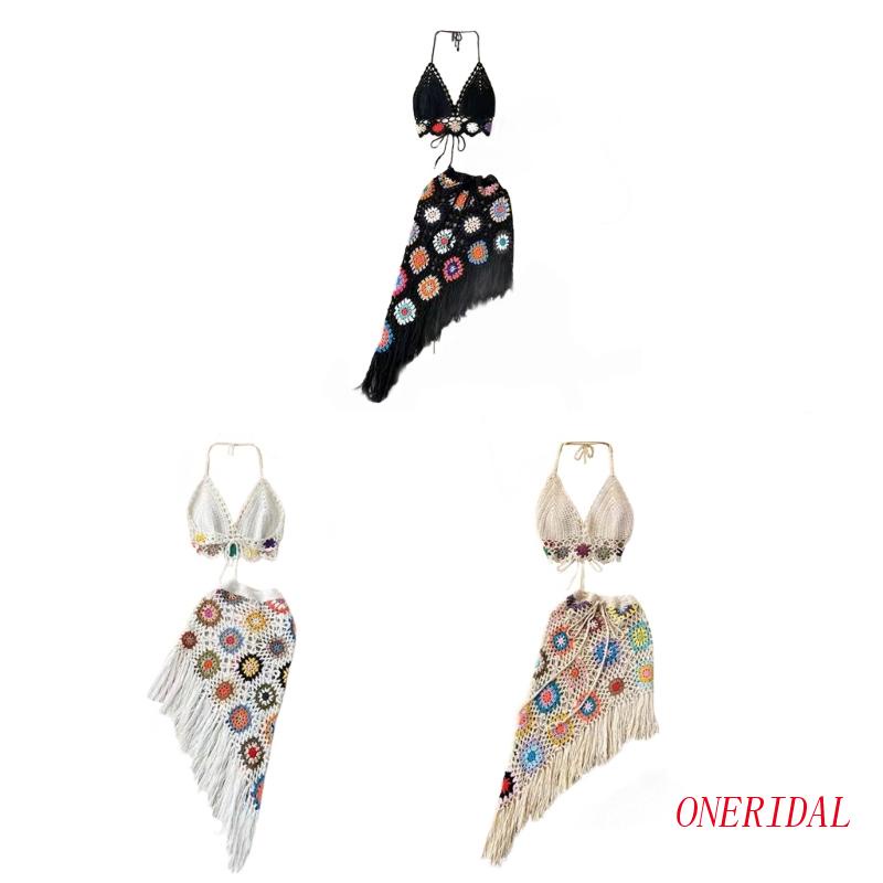 Bộ Trang Phục 2 Mảnh Gồm Áo Ngực Dệt Kim Cổ Yếm Và Chân Váy Tua Rua Bất Đối Xứng Dành