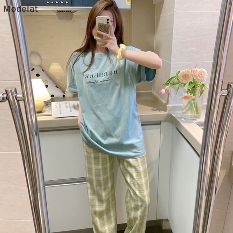 Bộ Đồ Ngủ Áo Hai Dây Phối Quần Dài Sọc Ca Rô Thời Trang Xinh Xắn Cho Nữ