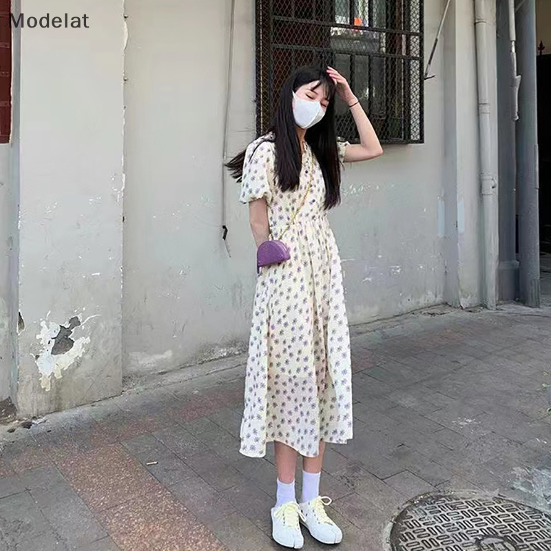 Đầm Midi Tay Phồng Cổ Tròn In Họa Tiết Hoa Phong Cách Vintage Thời Trang Mùa Hè Cho Nữ