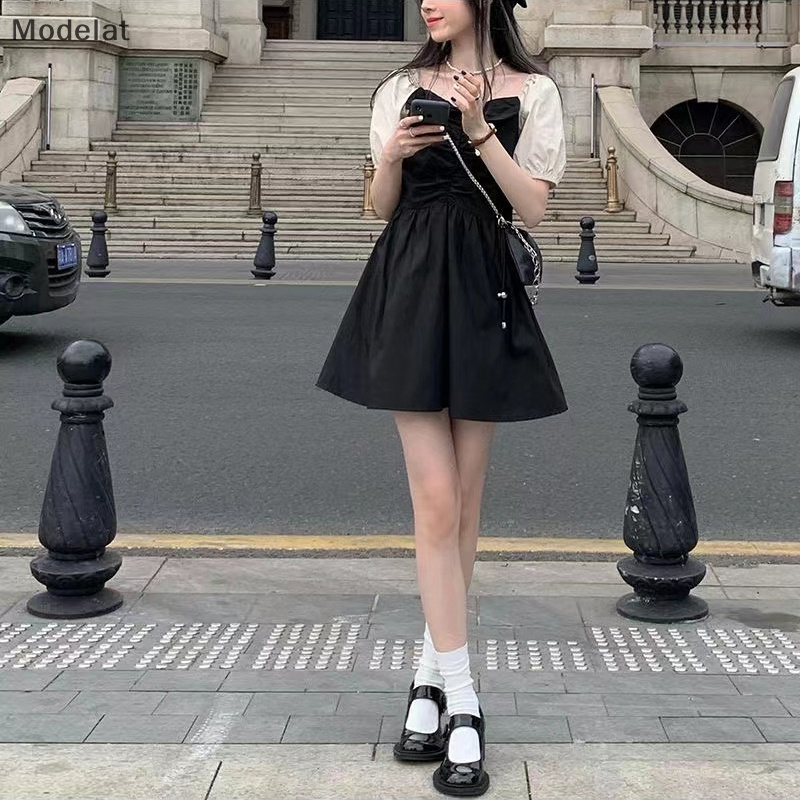 Đầm Đen Tay Ngắn Phong Cách Vintage Pháp Cho Nữ