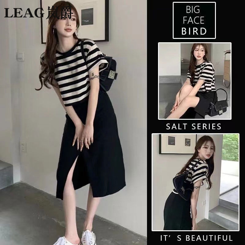 Set đồ gồm áo thun ngắn tay kẻ sọc và chân váy phong cách Hồng Kông thời trang mùa hè 2023 cho nữ set bộ đồ nữ bigsize sang chảnh tiểu thư quần dài big size biển mùa hè đi chơi cá tính đi tiệc