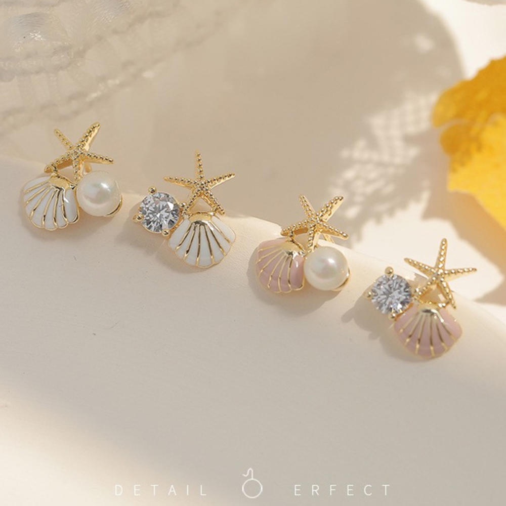 Bông Tai Hình Vỏ Sò Sao Biển Đính Đá Zircon Phong Cách Âu Mỹ Đơn Giản Thời Trang Cho Nữ
