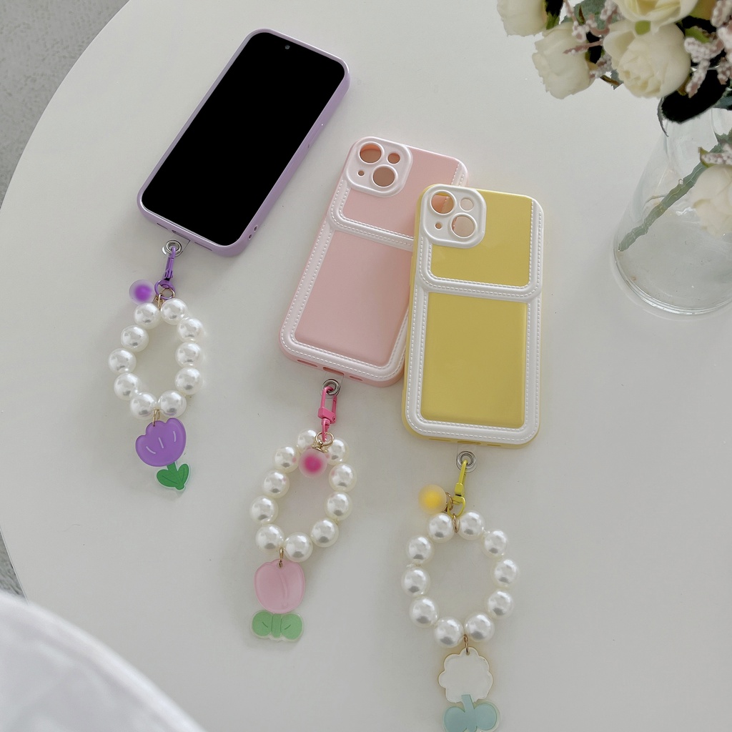 Ốp Điện Thoại tpu Silicon Mềm Màu Kẹo Có Ngăn Đựng Thẻ Và Dây Đeo Ngọc Trai Cho iPhone 14 13 12 11 PRO MAX