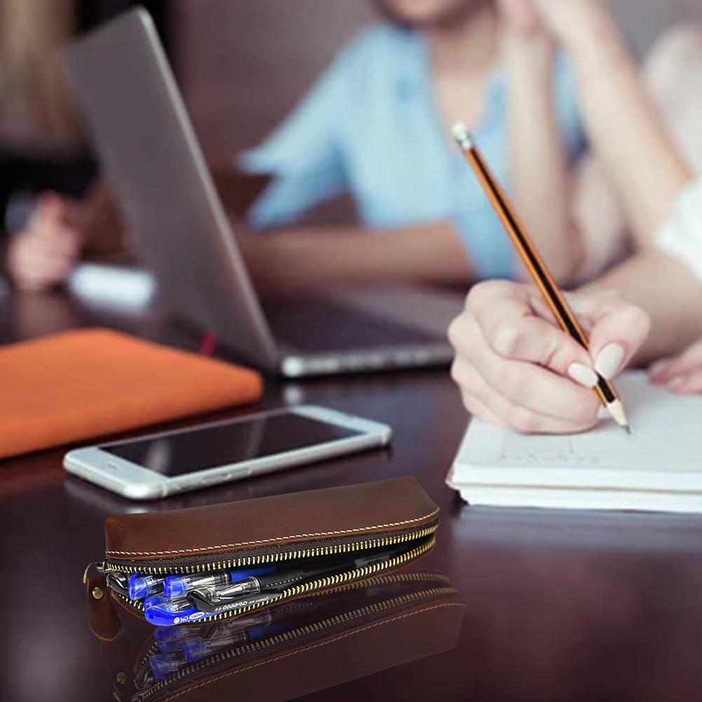 Túi Đựng Bút Bằng Da Thật Có Khóa Kéo Phong Cách Retro Đơn Giản M6K0