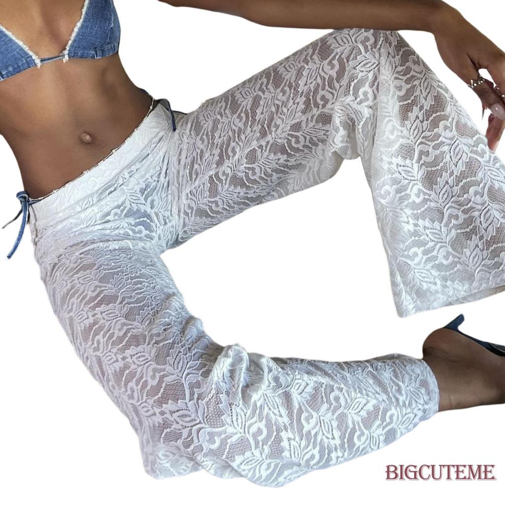 Quần Dài Lưng Thun Phối Ren Lưới Màu Trắng In Họa Tiết Hoa Thời Trang Mùa Hè Cho Nữ