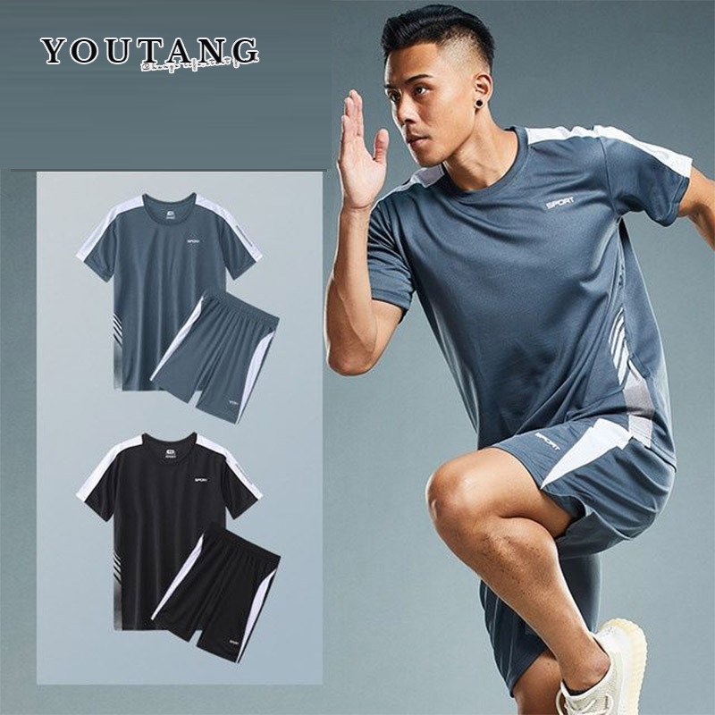 Set áo thun ngắn tay cổ tròn và quần short vải lụa mát YOUTANG nhanh khô phong cách thể thao cá tính cho nam