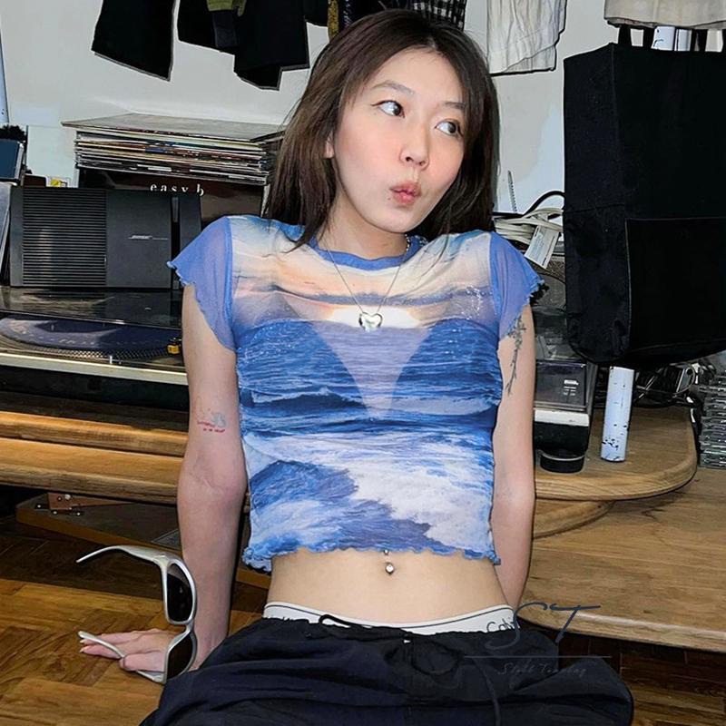 Áo Thun Croptop Tay Ngắn Dáng Ôm In Họa Tiết Thời Trang Mùa Hè Cho Nữ M5